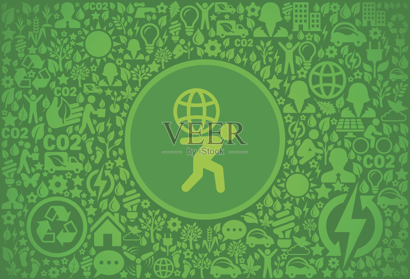 Stick Figure Carrying Globe Environment绿色矢量图标模式插画图片素材