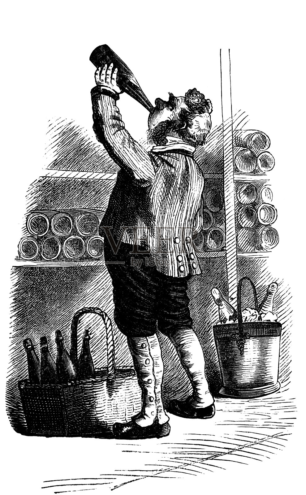 一位老人在酒窖里喝酒瓶里的酒——1867年插画图片素材