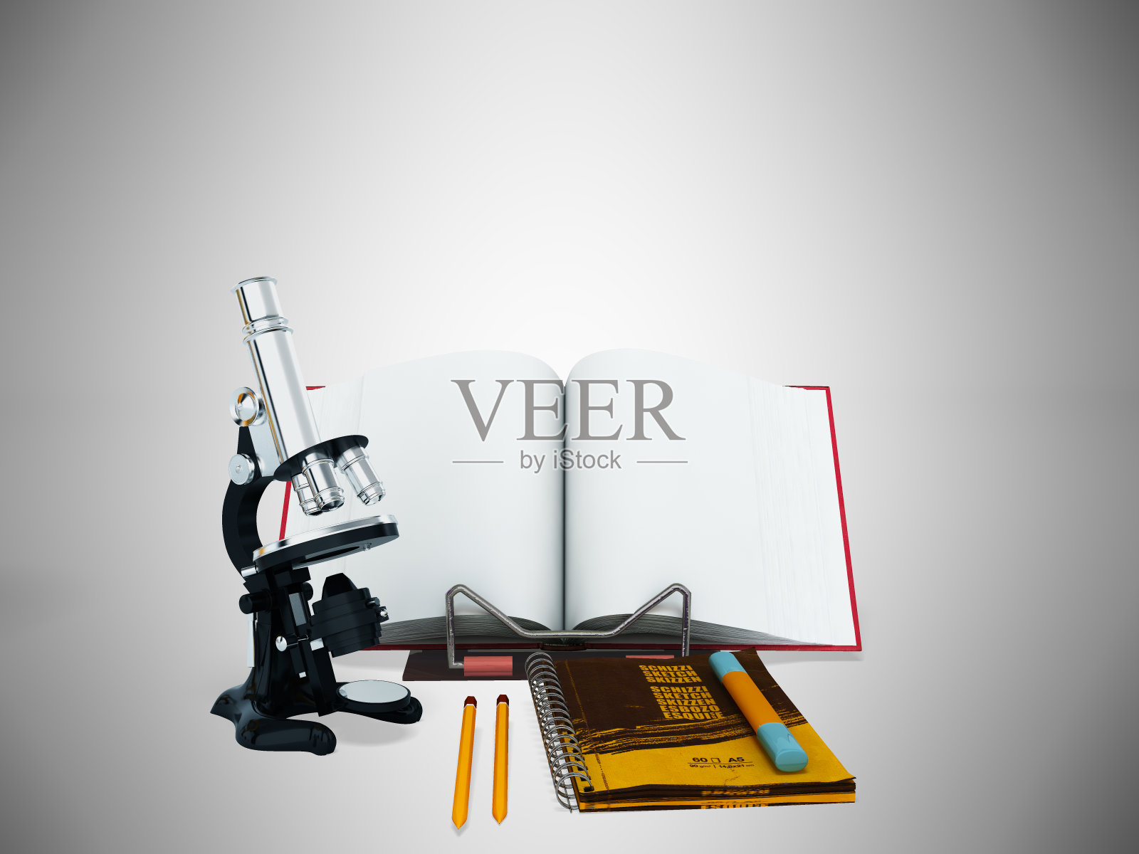 学校和教育的概念,生物显微镜笔记本3d渲染在白色的背景照片摄影图片