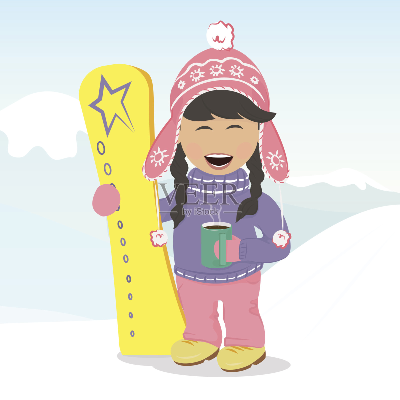 拿着滑雪板喝咖啡的女孩。设计元素图片