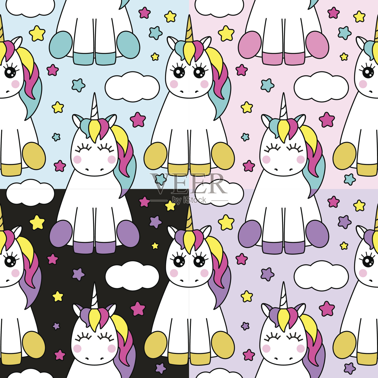 可爱的一套儿童无缝图案与卡通人物魔法独角兽插画图片素材
