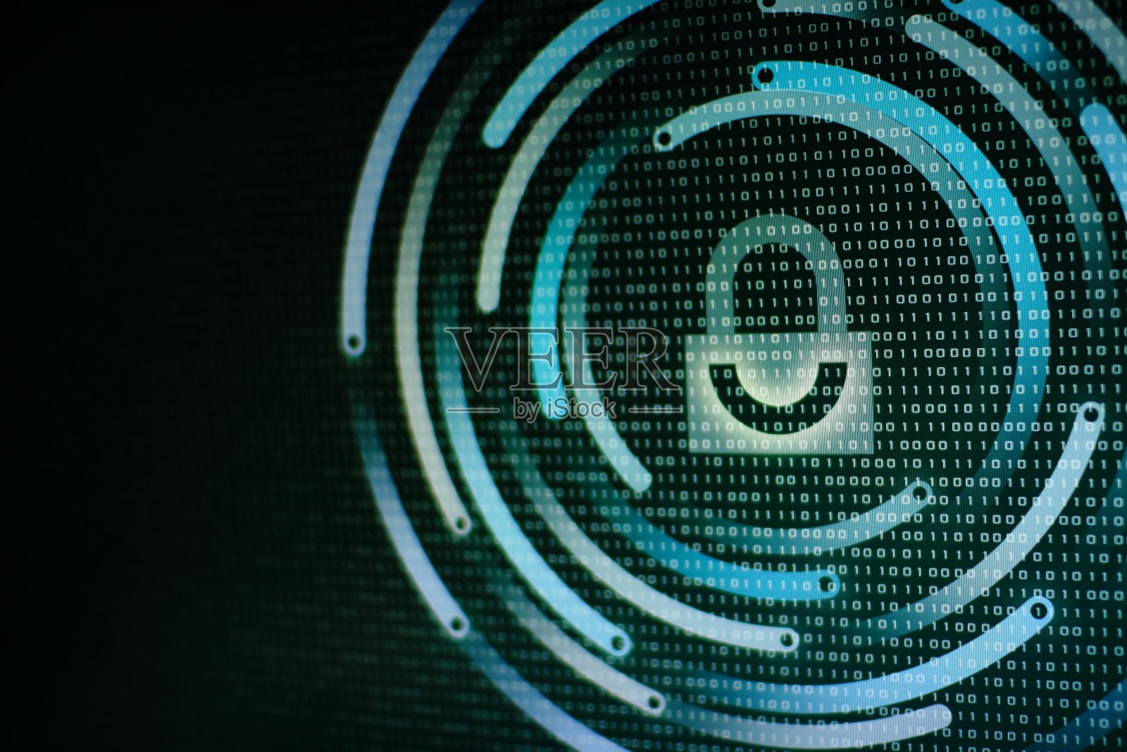 二进制电脑显示屏上的白色锁形图案:电脑数据保护、互联网商业网络安全系统概念照片摄影图片