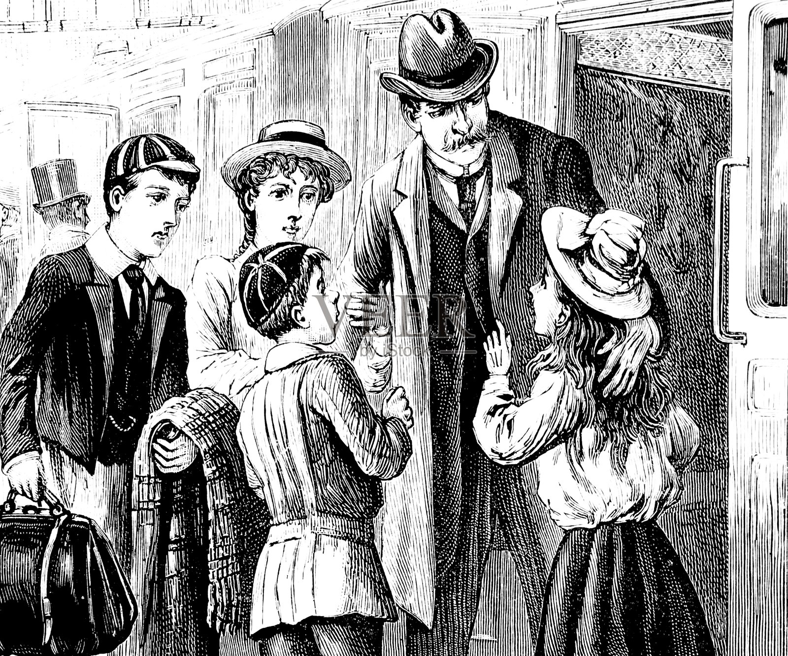 四个孩子在火车站迎接一个男人插画图片素材