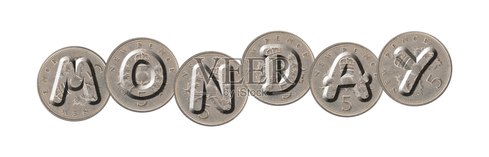 星期一-五枚白色背景的新便士硬币照片摄影图片