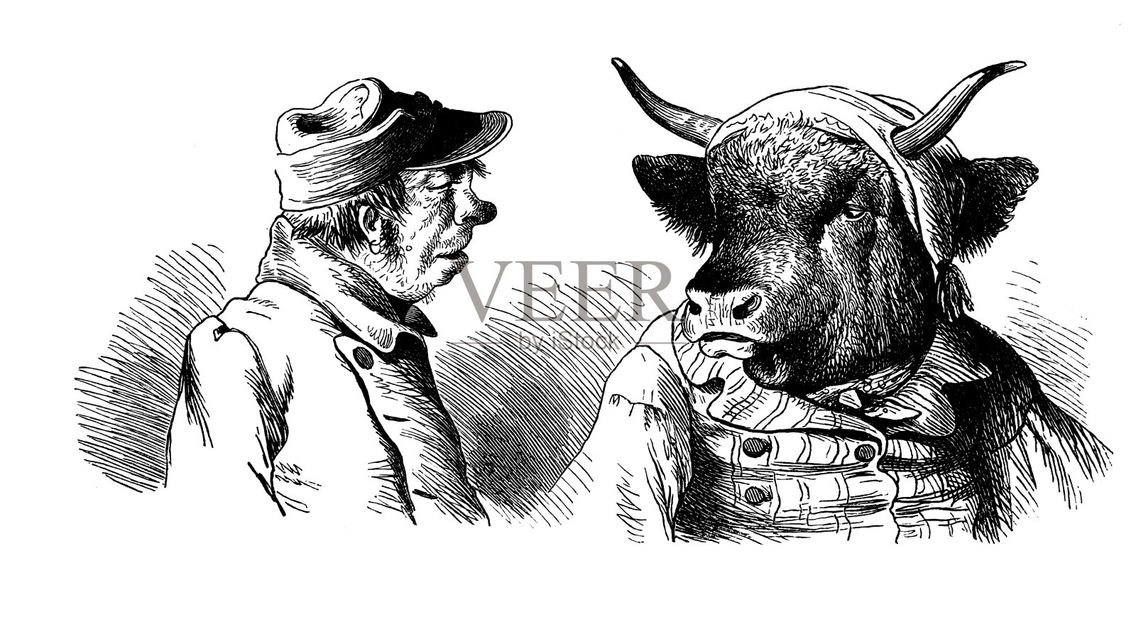 农夫和他的公牛说话。幽默场景——1867年插画图片素材