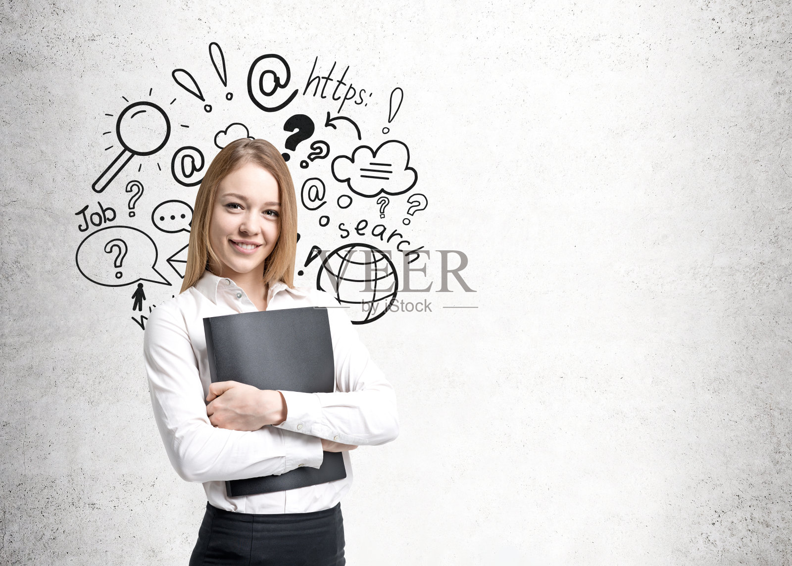 开朗的金发女商人,网络搜索照片摄影图片