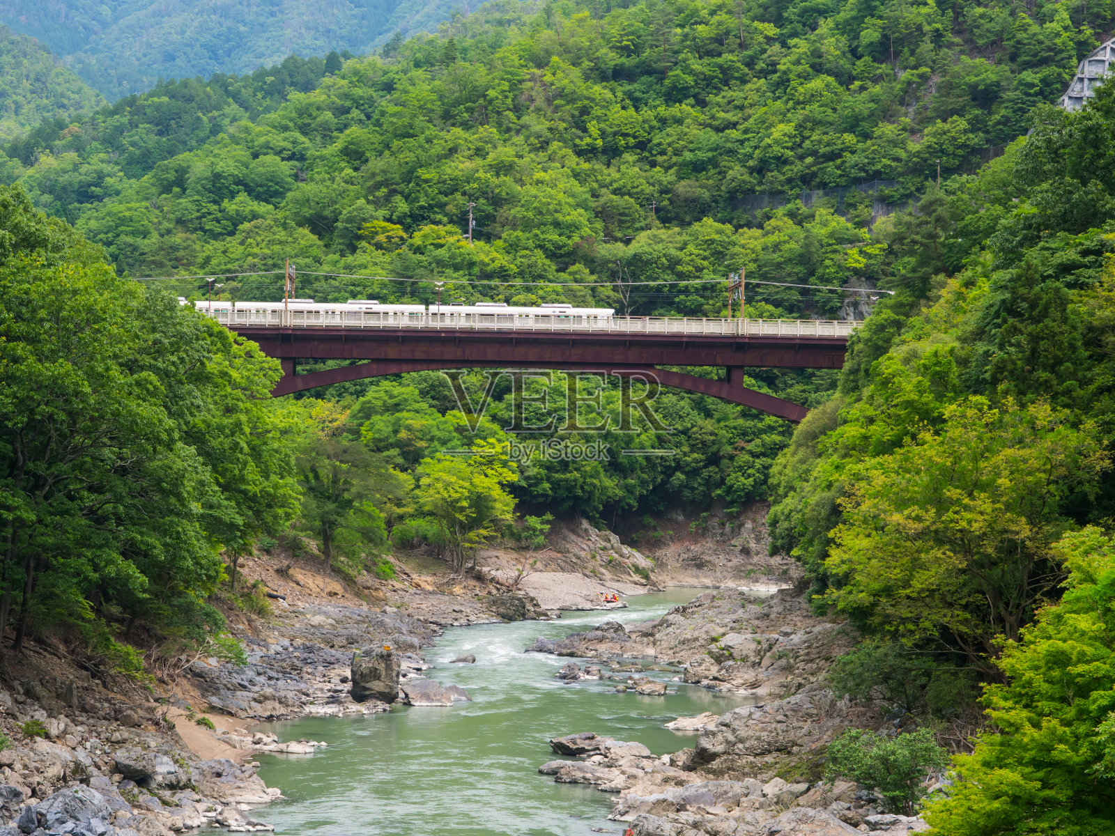 这一定格捕捉到了火车在进入野生森林的金属结构桥上移动的瞬间,而筏子则在下面顺着水流漂流照片摄影图片