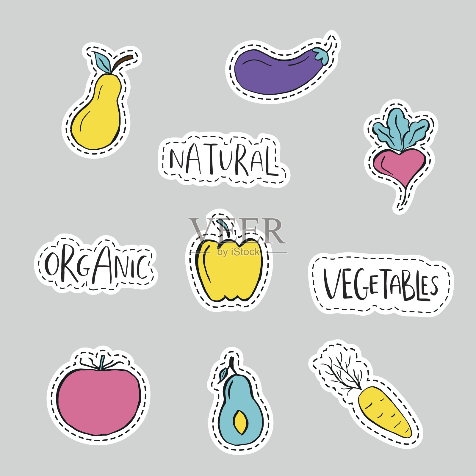 健康贴纸,刺绣,水果和蔬菜的徽章。插画图片素材