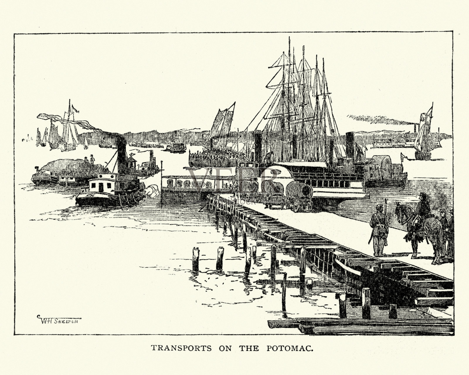 美国内战,波托马克河上的运输插画图片素材