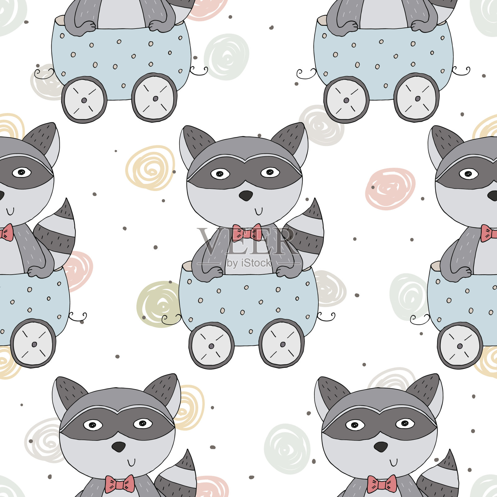 手绘无缝图案与可爱的浣熊在拖车。儿童图案打印插画图片素材