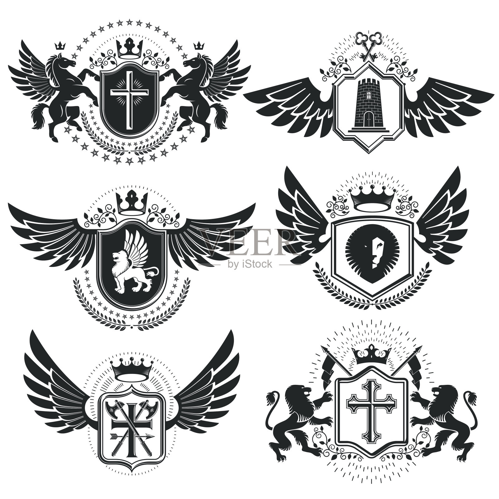 豪华纹章矢量标志模板。向量纹章。经典高质量的象征性插图收集。设计元素图片