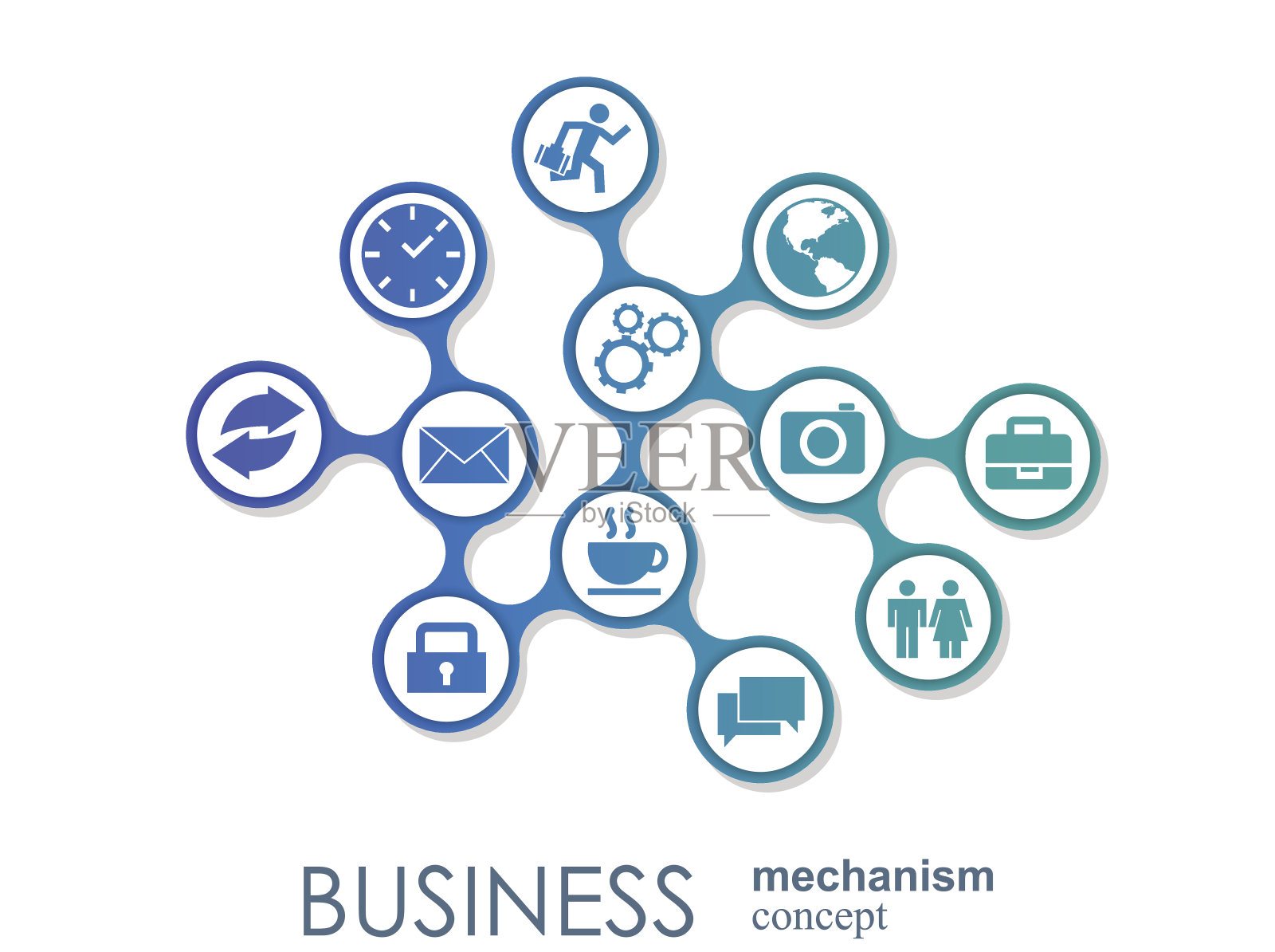 企业机制的概念。抽象背景与连接齿轮和图标的战略,服务,分析,研究,seo,数字营销,沟通概念。矢量图说明。插画图片素材