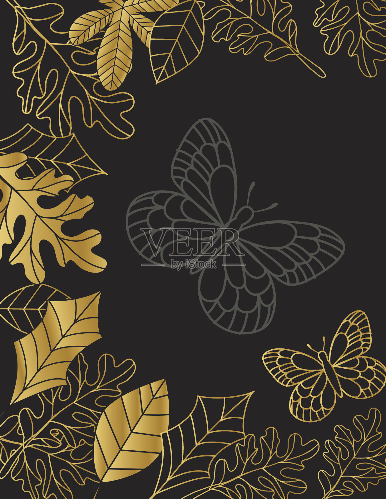 手绘叶背景在黑色和金色插画图片素材