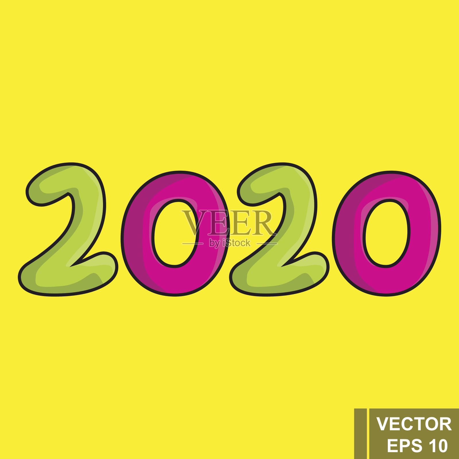 2020年新年,黄色背景上孤立的卡通人物。庆祝。日历。插画图片素材