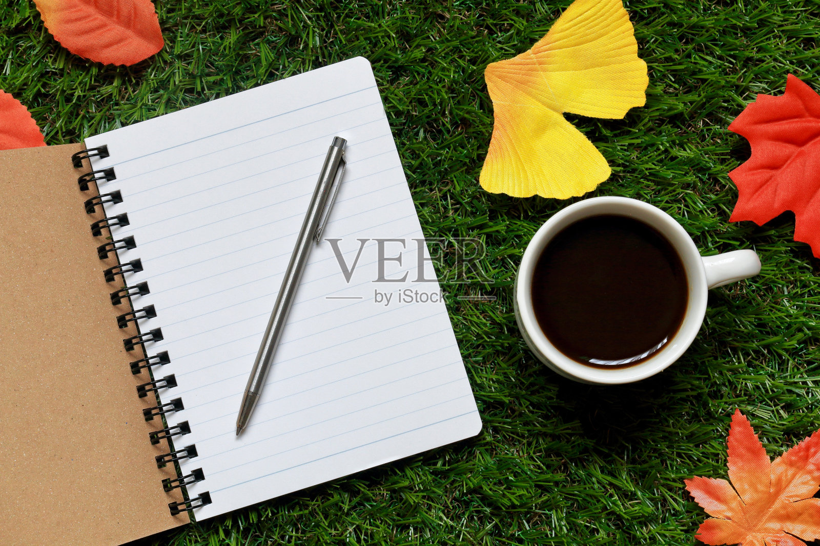 咖啡,便条和假落叶照片摄影图片