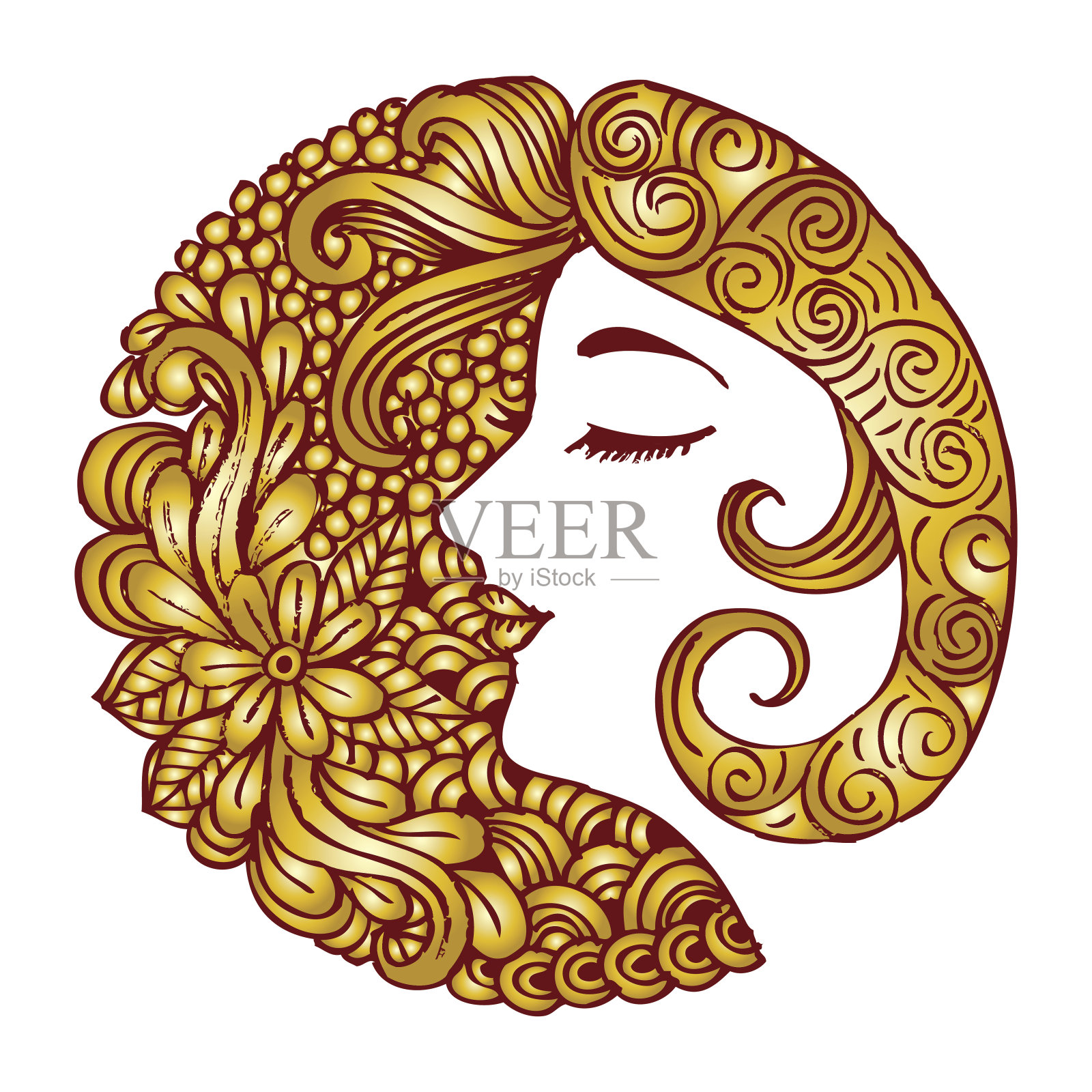 美丽的女人头与花卉装饰。插画图片素材