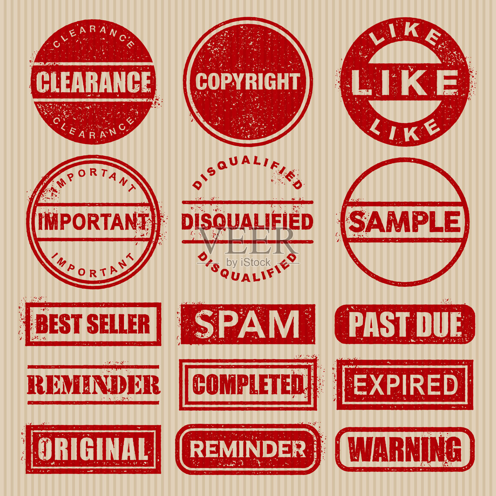 橡皮图章肮脏的红色图标设置在纸板上插画图片素材