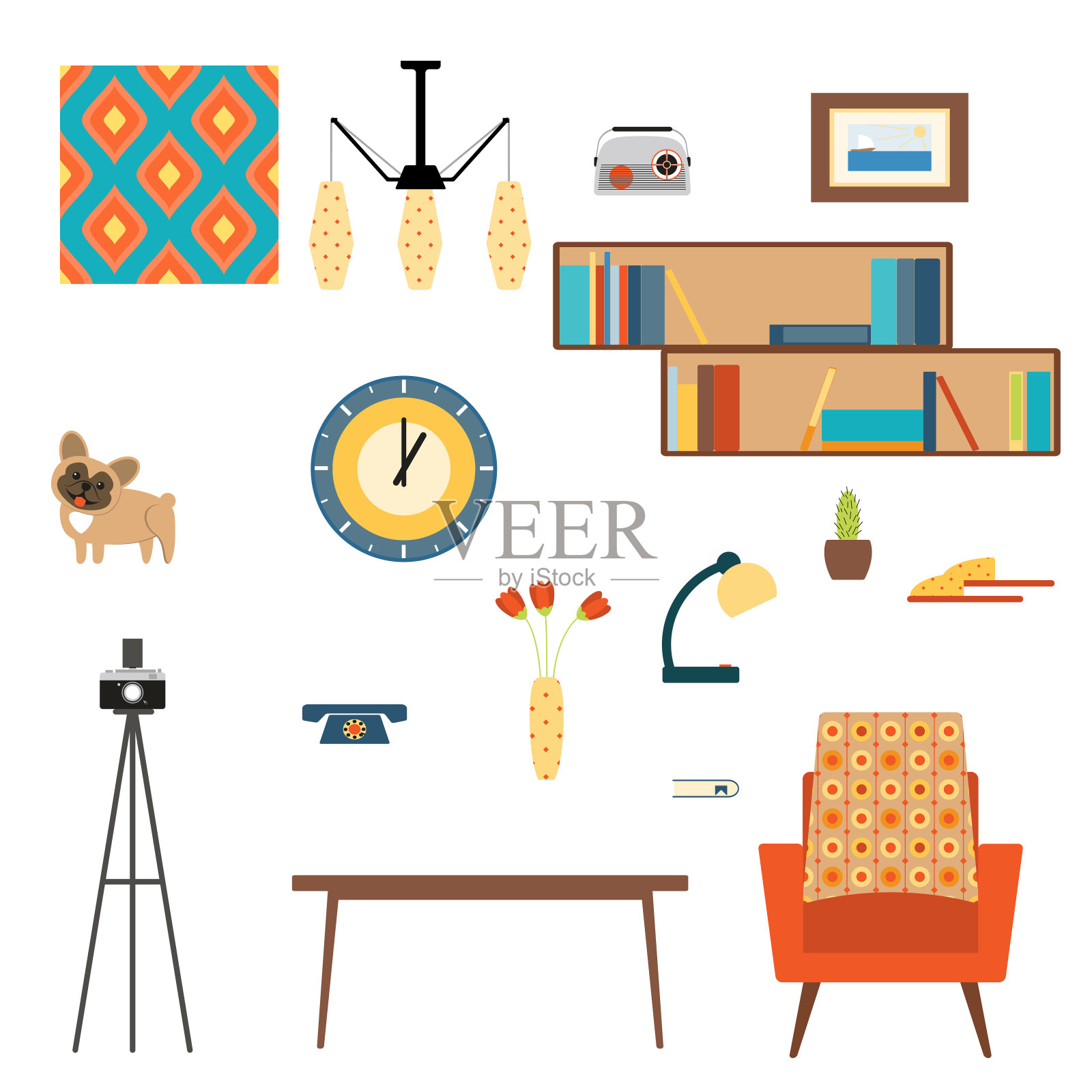 70年代风格的书架、图案、花瓶、花、灯、狗、钟、电话、画、桌子、扶手椅、三脚架相机等客厅内部元素集合。插画图片素材