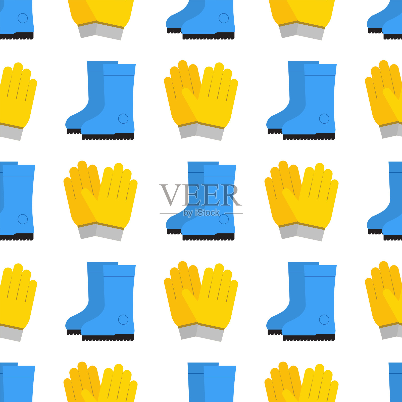 橡胶黄色保护手套卡通平面无缝模式矢量插图插画图片素材