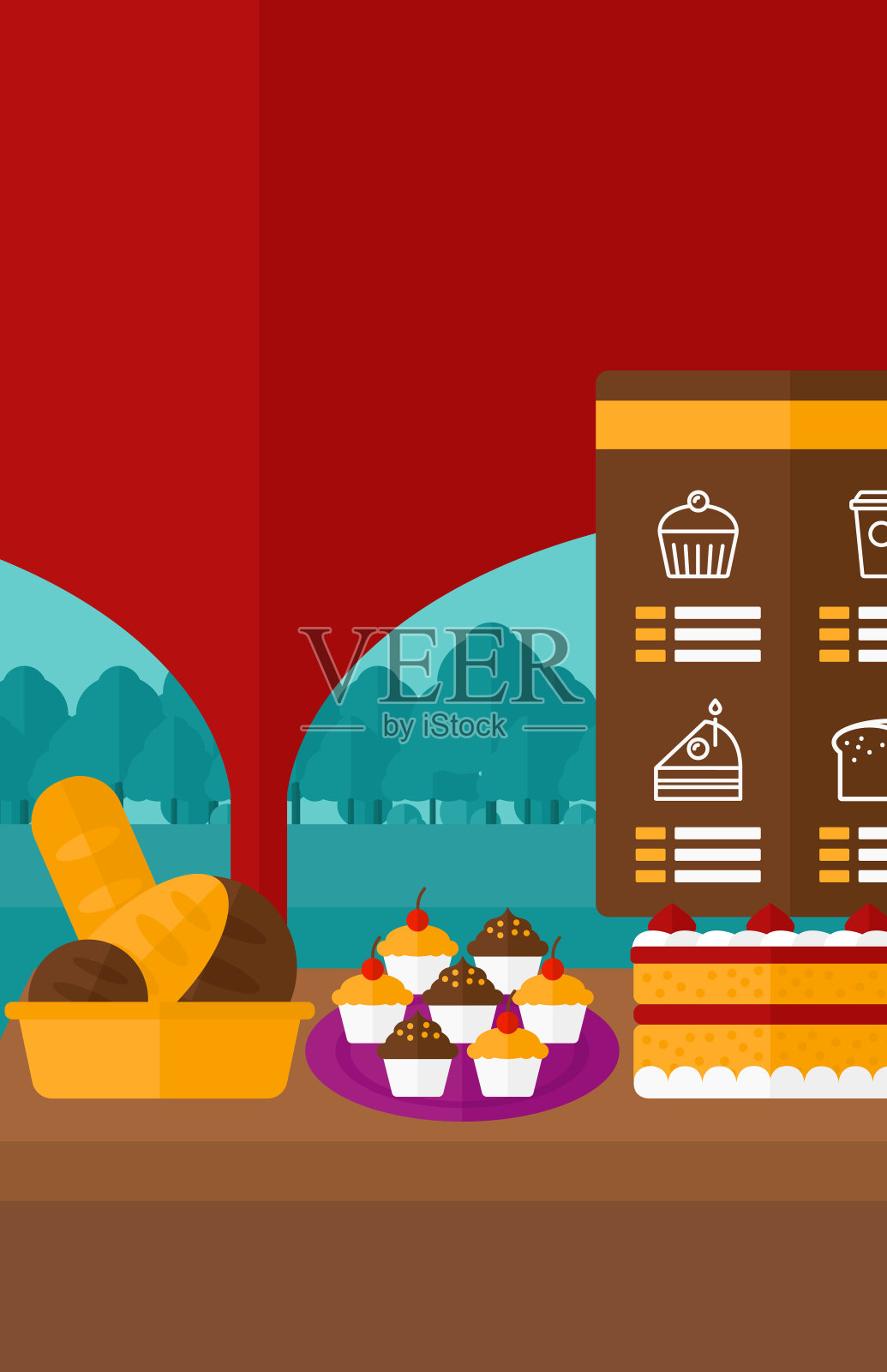 面包店的背景,桌子上摆满了面包和糕点插画图片素材