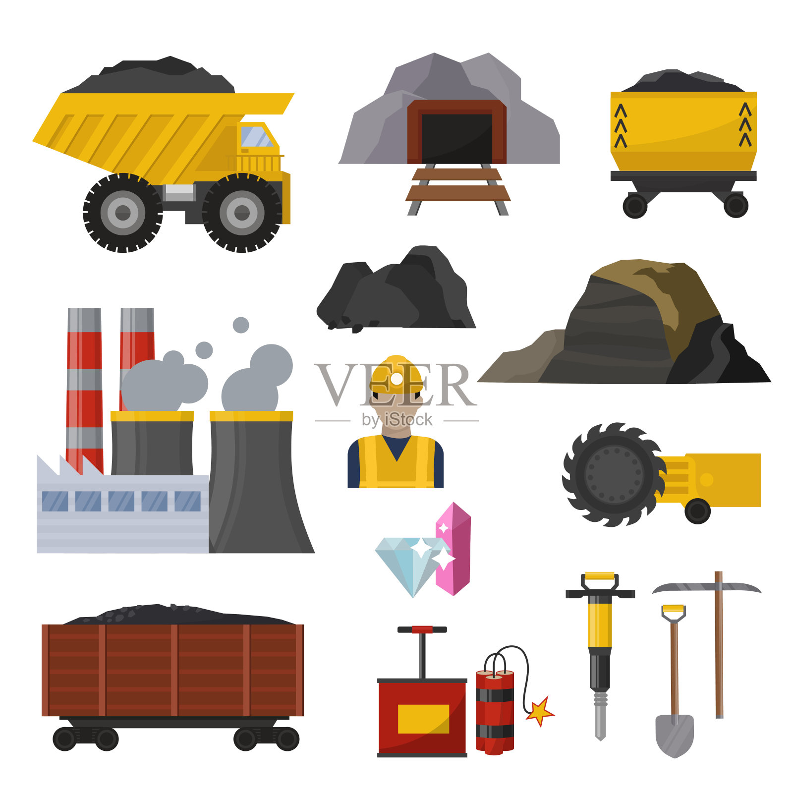 采煤、生产、开采、重工业、煤矿、井下作业、运输矢量图图标素材