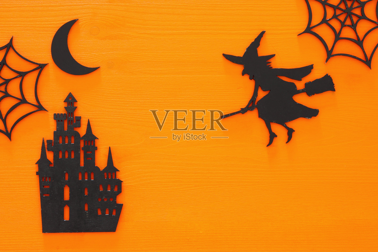 万圣节假日概念俯视图场景在木制的橙色背景照片摄影图片