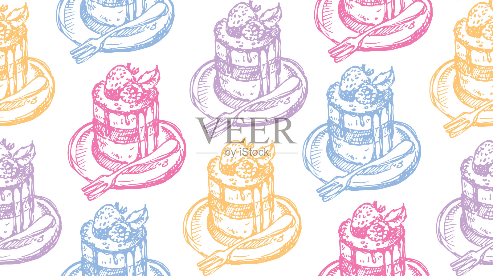 手绘图案与蛋糕,纸杯蛋糕,奶酪蛋糕,甜甜圈,吐司与水果插画图片素材