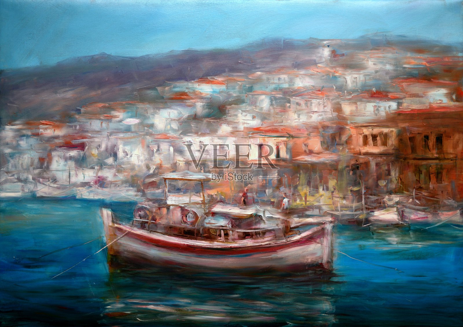 岛上港口上的船,手工绘画插画图片素材