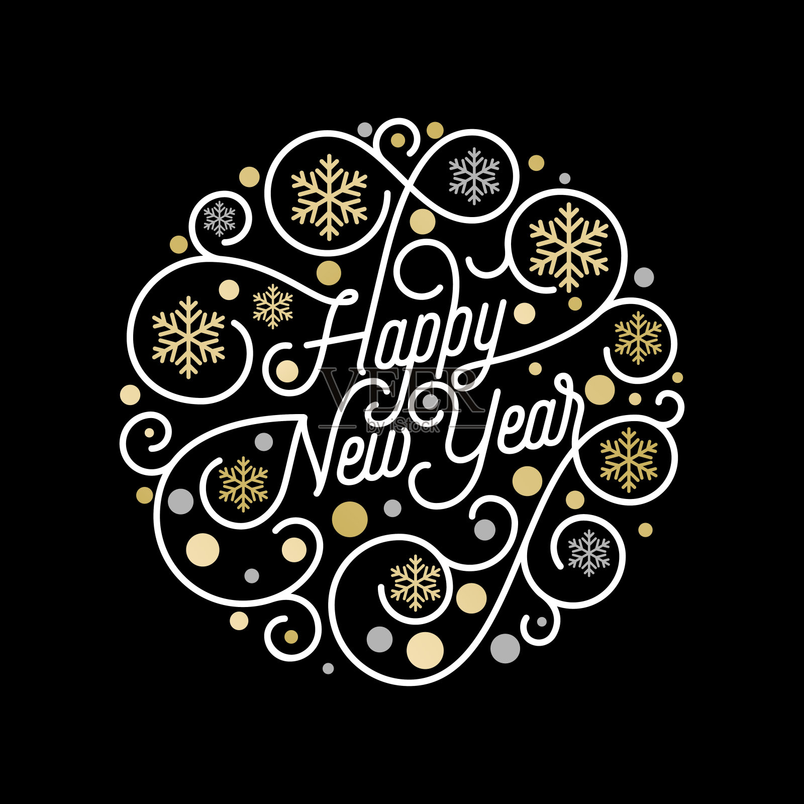 新年快乐书法字母和金色雪花图案在白色的背景为圣诞贺卡设计。向量金色圣诞花枝招展节日文字装饰插画图片素材