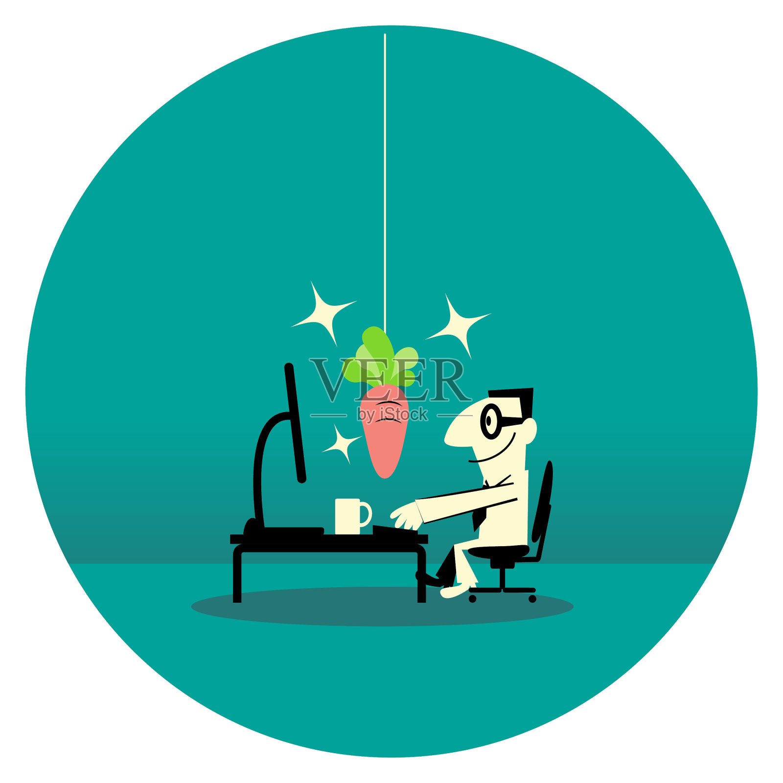 坐在椅子上使用电脑的商人。(悬挂一根胡萝卜)插画图片素材