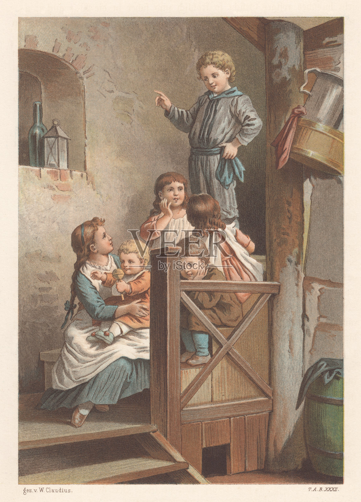 孩子们在玩耍,怀旧的情景来自过去,平版,出版于1886年插画图片素材