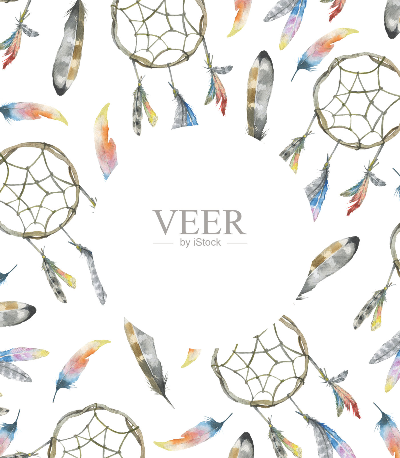 带有捕梦网和鸟羽毛的卡片插画图片素材