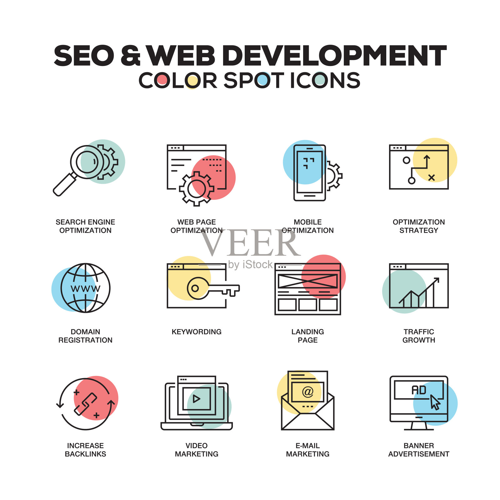 SEO和Web开发图标。向量线图标集。优质的质量。现代轮廓符号和象形文字。图标素材