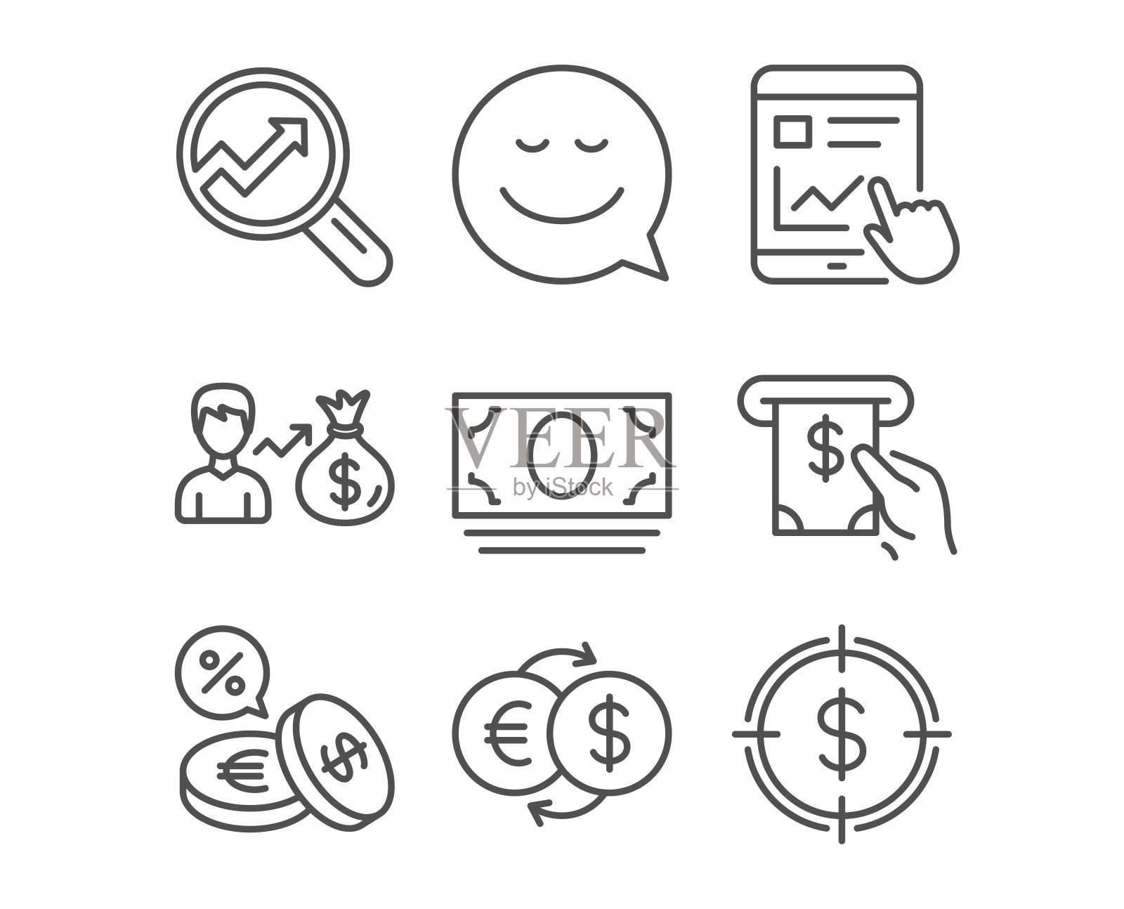 微笑,现金和分析图标。工资,网络报告和货币兑换标志。图标素材