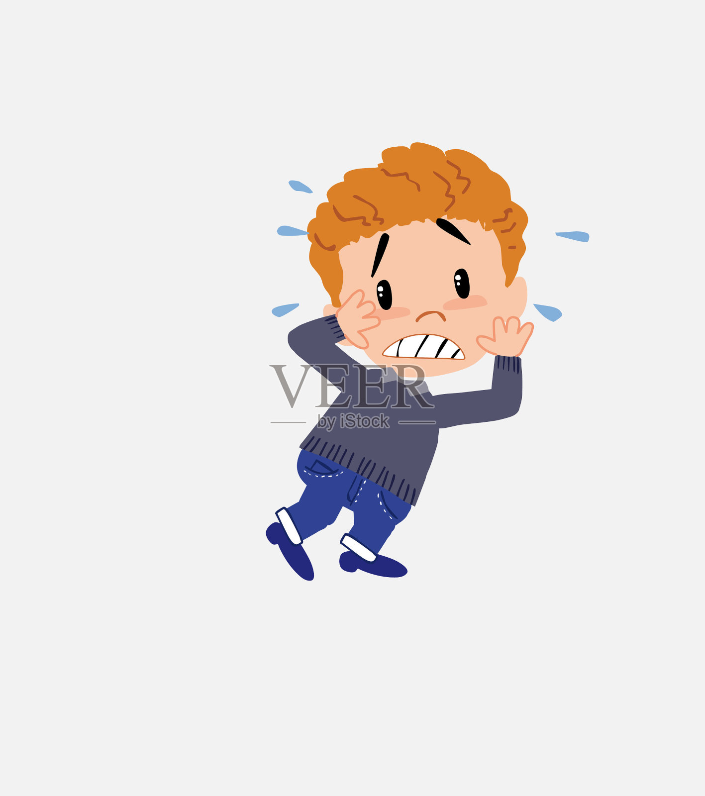 穿着牛仔裤的白人男孩非常惊慌地用手敲了敲脑袋。插画图片素材