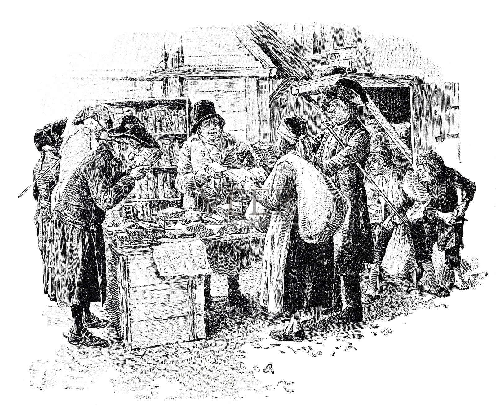 在莱比锡集市上:参观藏有古籍的摊位的人们插画图片素材