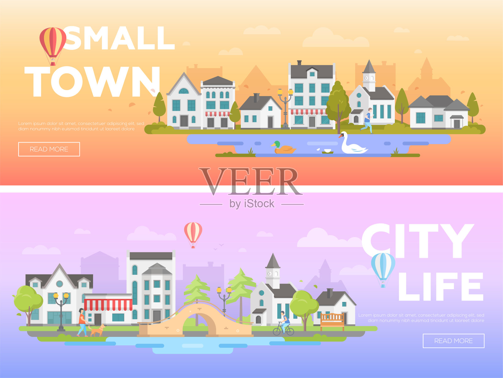 可爱的城市集现代平面矢量插图插画图片素材