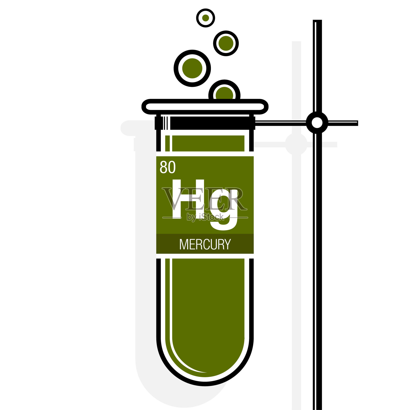 标签上的水银符号在一个带支架的绿色试管中。元素周期表中的80号元素插画图片素材