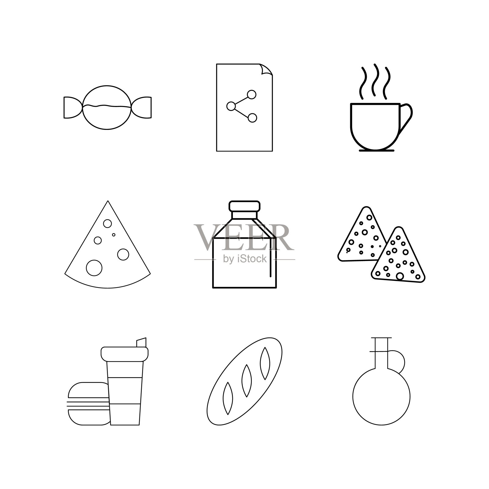 食物和饮料线性图标设置。简单的轮廓图标图标素材