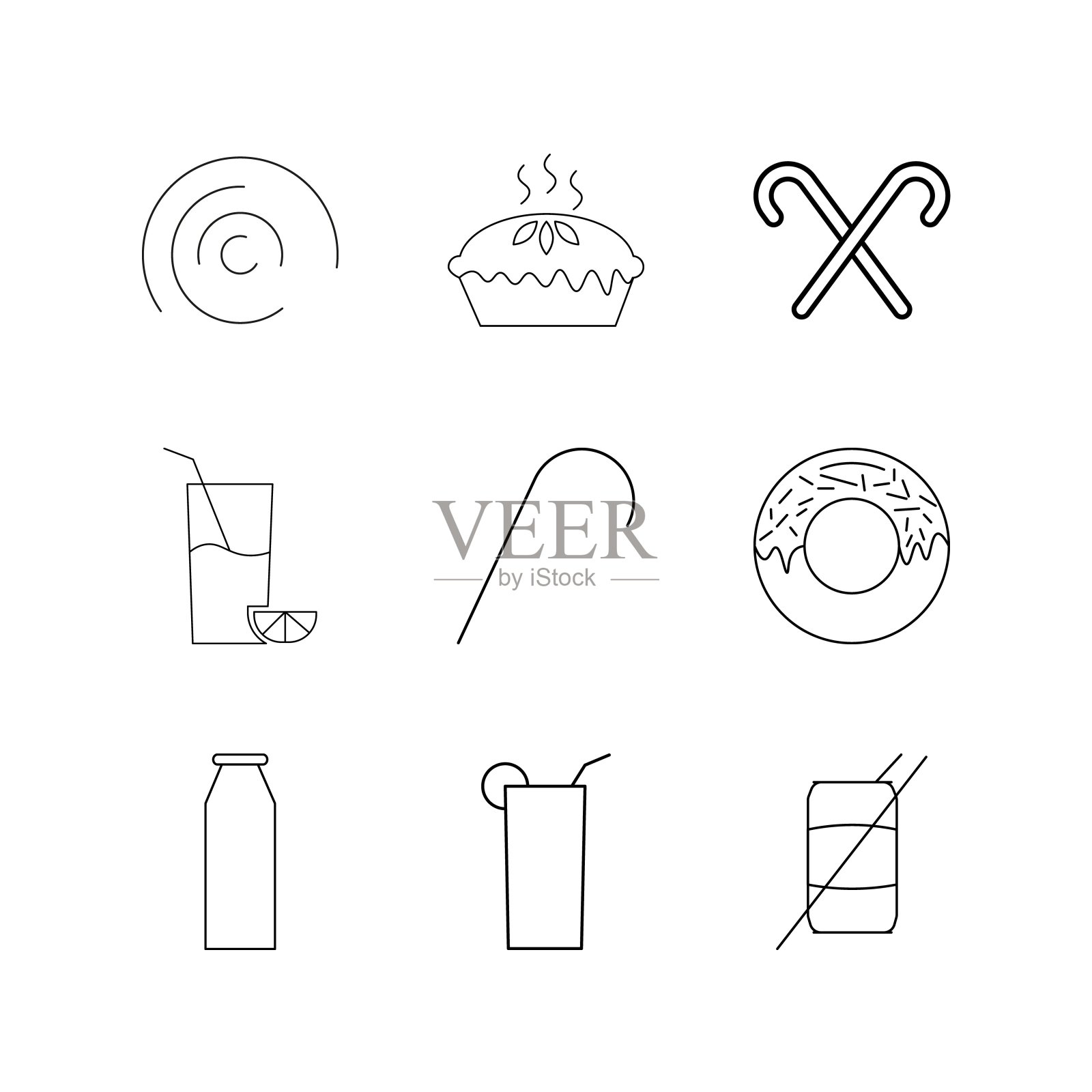 食物和饮料线性图标设置。简单的轮廓图标图标素材