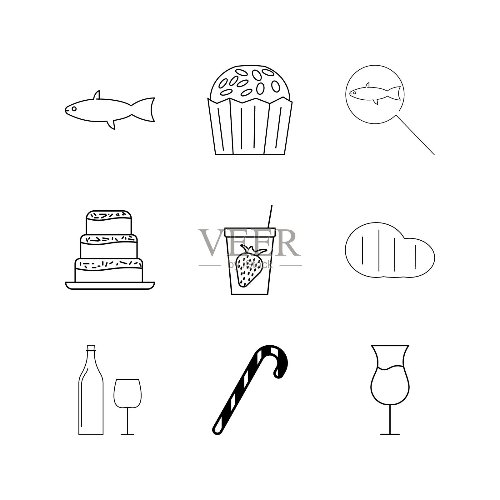 食物和饮料线性图标设置。简单的轮廓图标图标素材