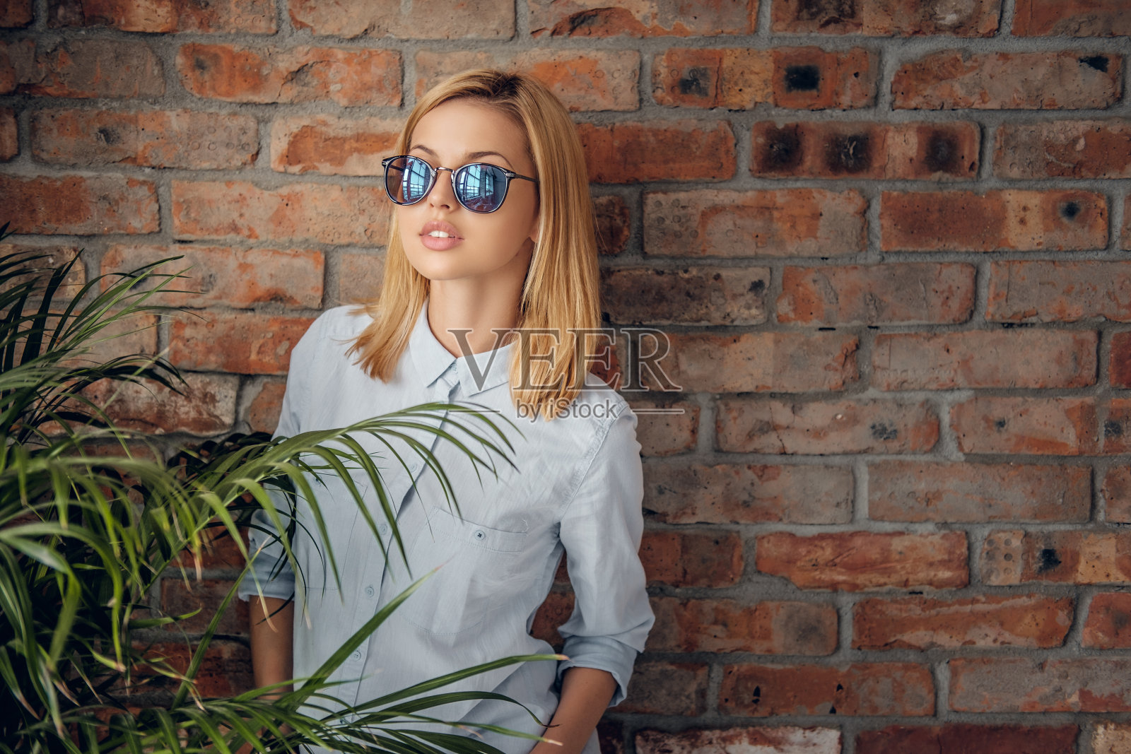一个戴着太阳镜的女孩越过砖墙。照片摄影图片