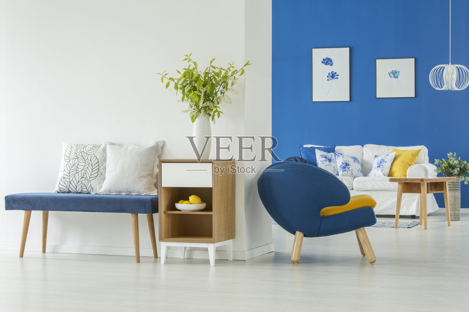 舒适的客厅里放着鲜花照片摄影图片