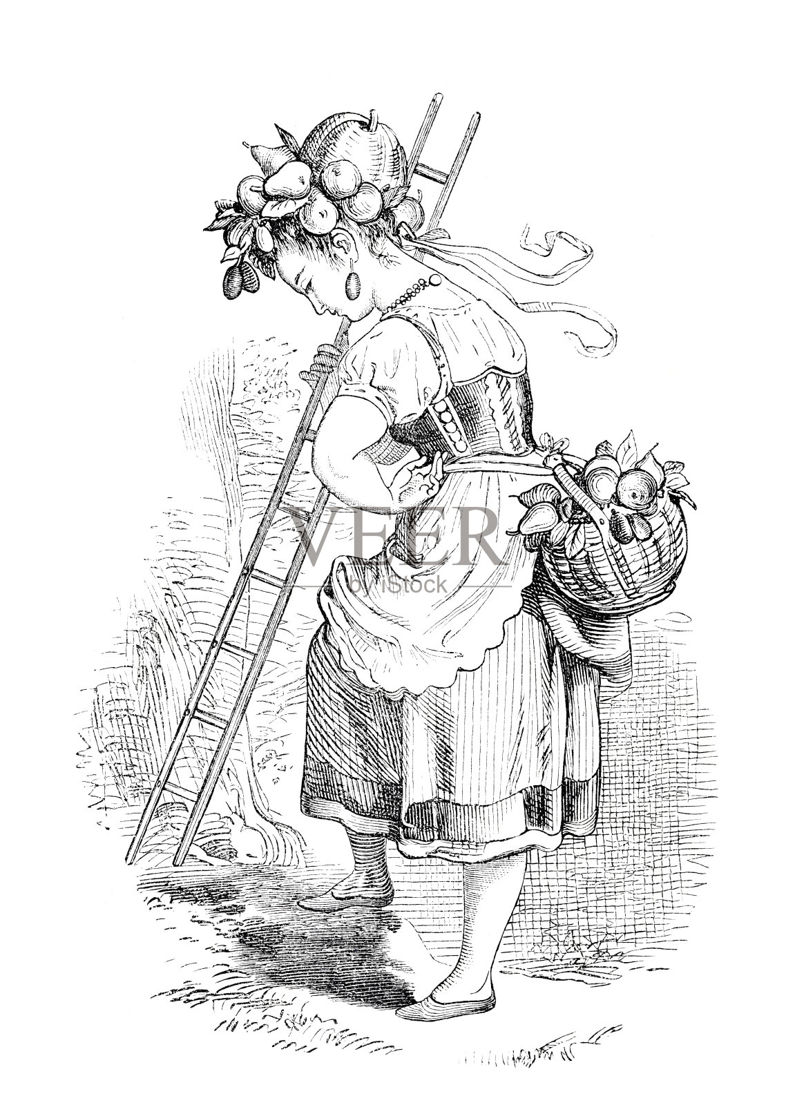 九月:年轻的妇女拿着梯子和篮子在田里干活插画图片素材