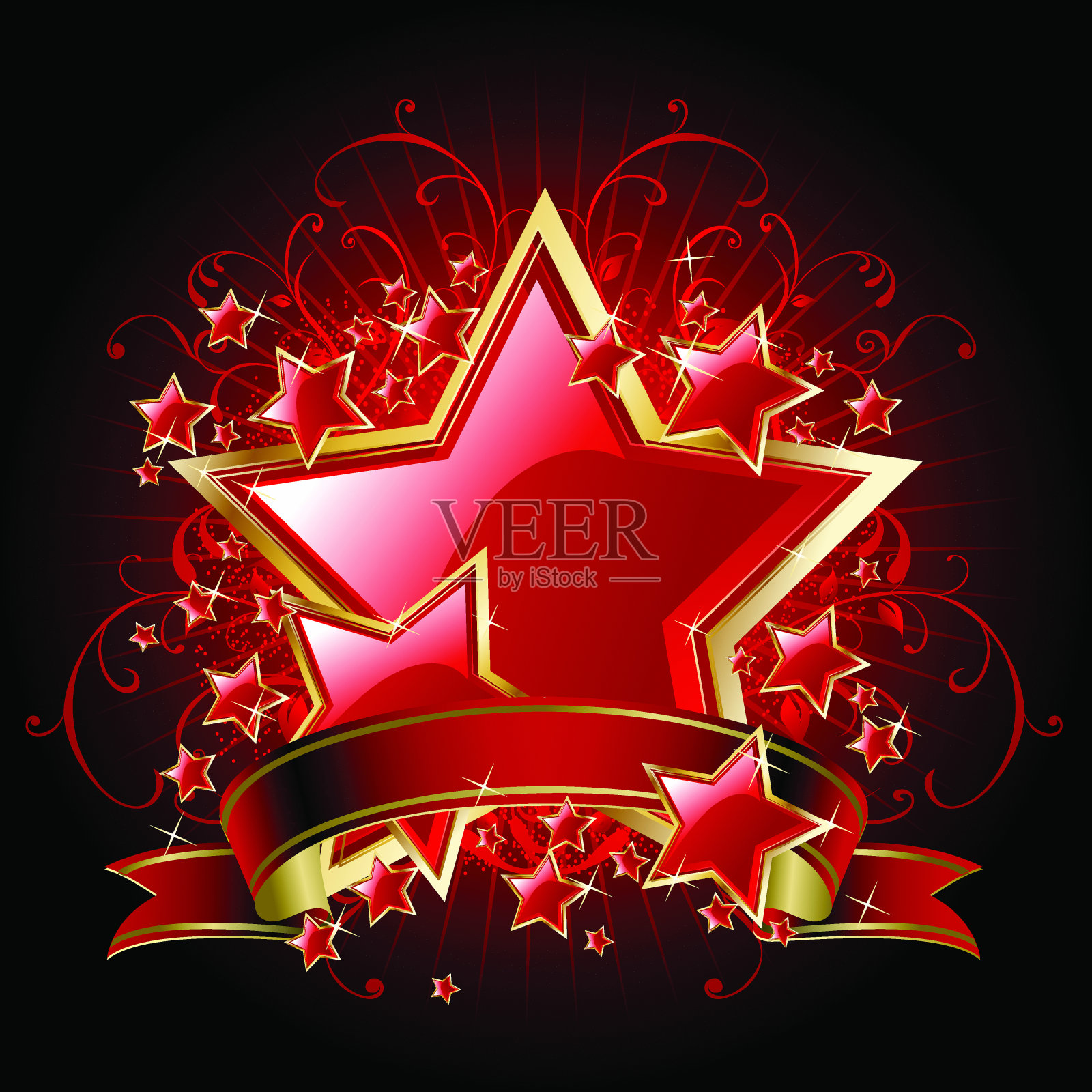 优雅的红星带旗帜插画图片素材