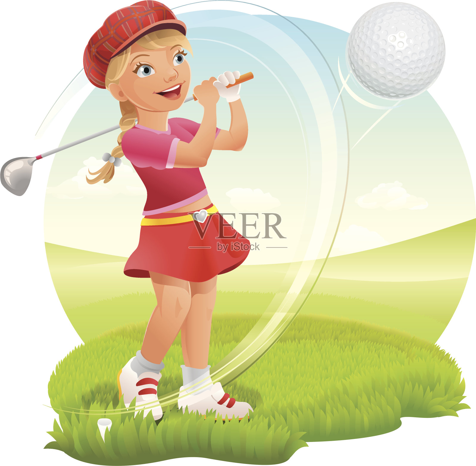 少女在绿色上打高尔夫球插画图片素材