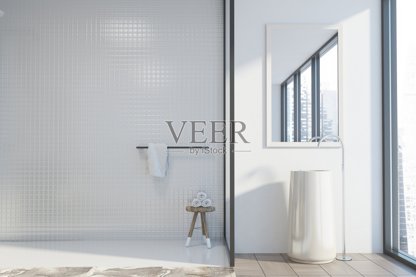 白色瓷砖浴室,圆形水槽照片摄影图片