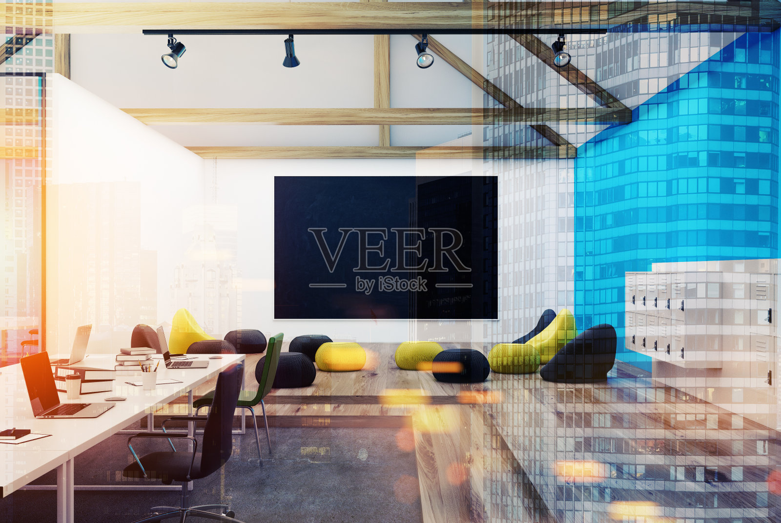 蓝色墙壁办公室,白板色调照片摄影图片