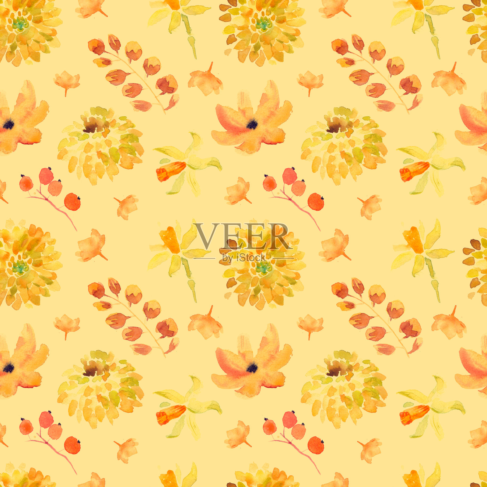 黄色夏季花无缝图案与美丽的水彩橙色花卉插图插画图片素材