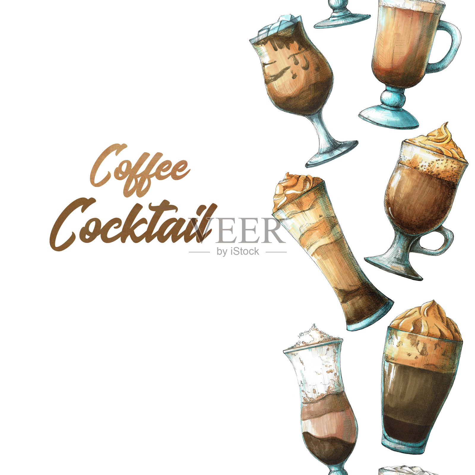 不同鸡尾酒背景,咖啡鸡尾酒写生图案插画图片素材